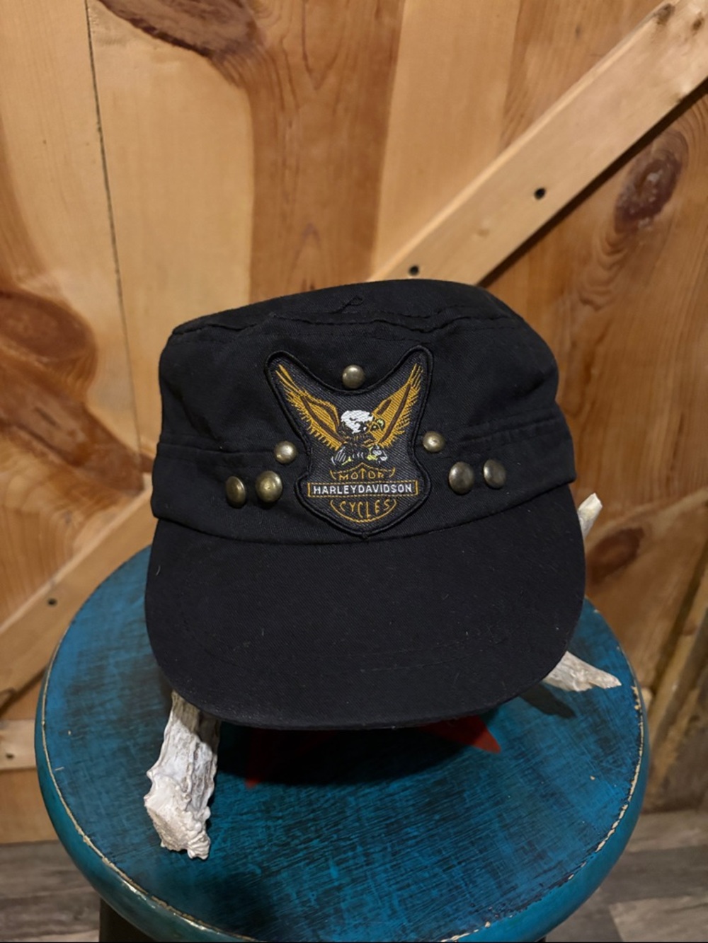 Harley-Davidson Black Cap with Gold Eagle Patch and Brass Studs